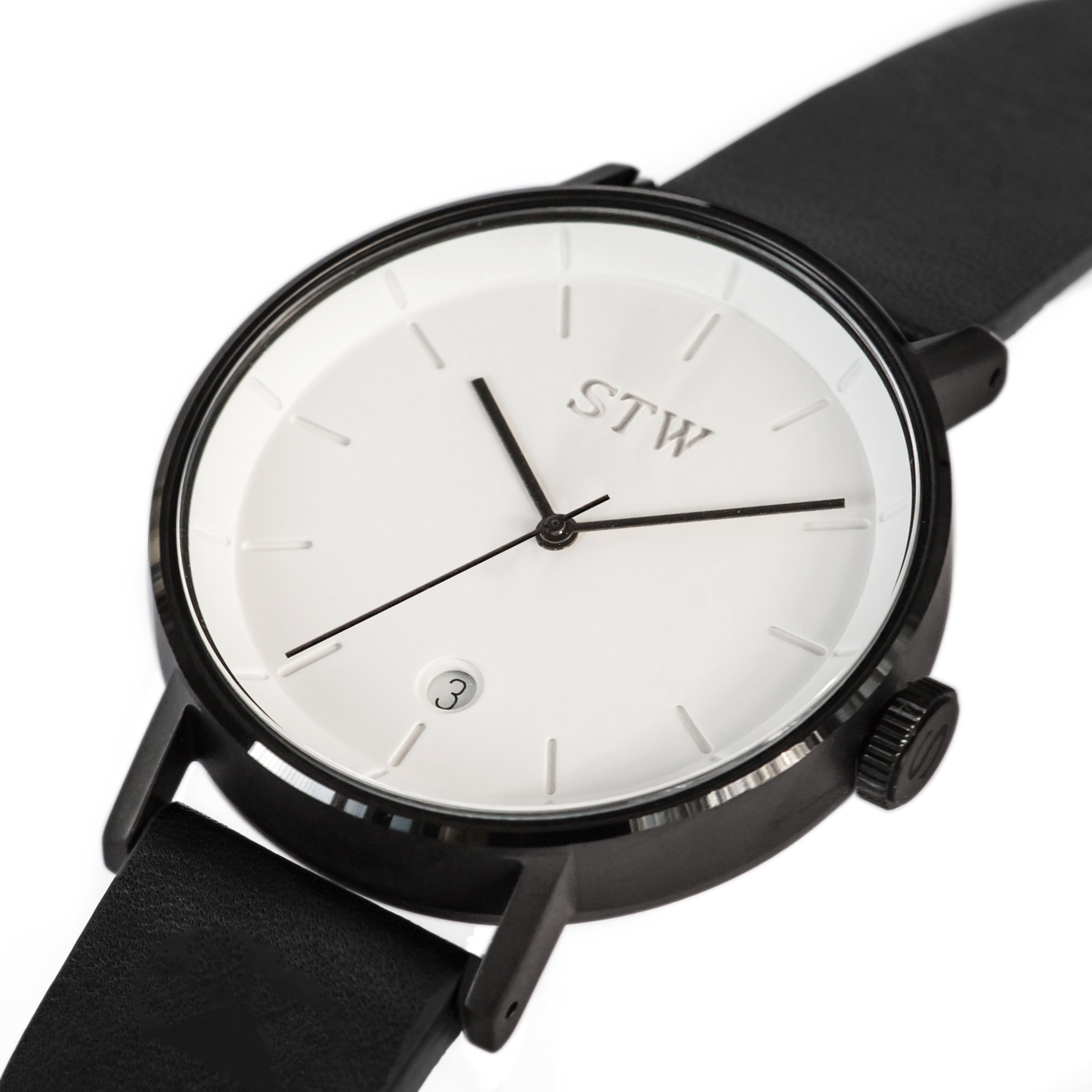 CUT OUT -  WHITE DIAL / BLACK LEATHER STRAP WATCH