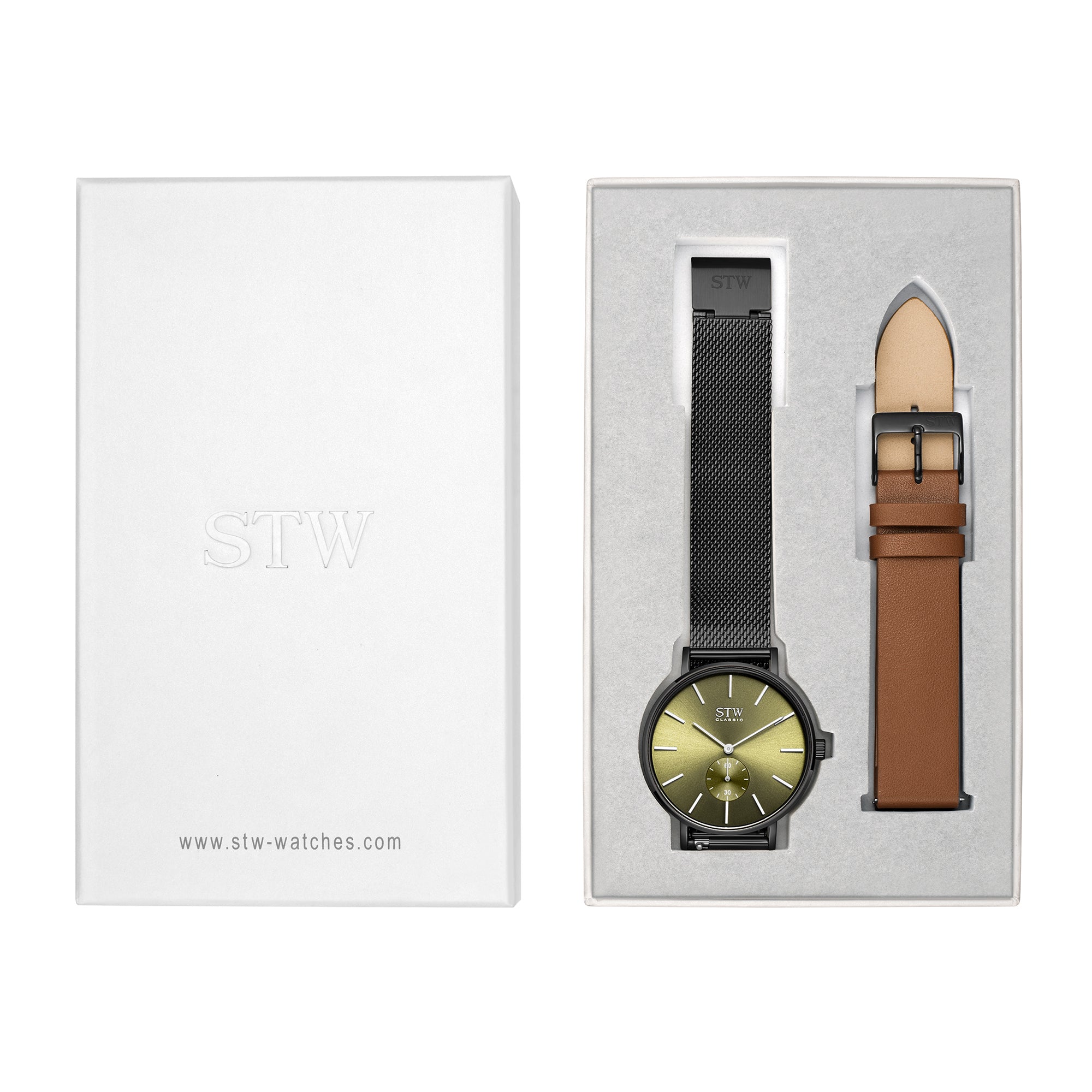 THE CLASSIC -  SHINY BLACK CASE / OLIVE GREEN DIAL / BLACK MESH BAND