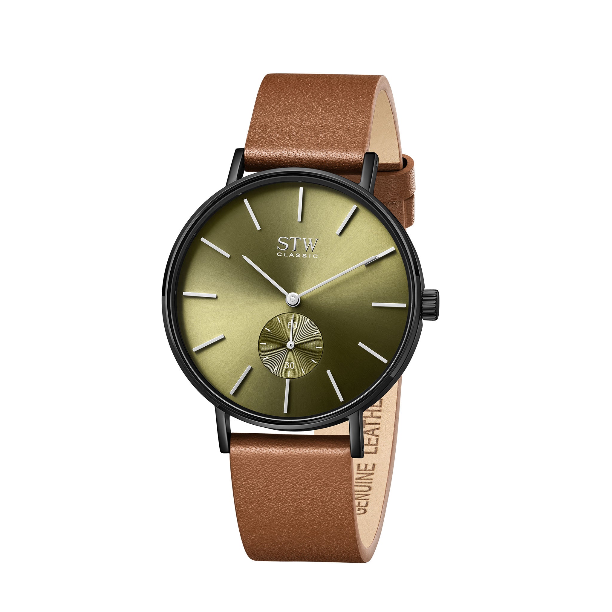 THE CLASSIC -  SHINY BLACK CASE / OLIVE GREEN DIAL / BROWN LEATHER STRAP