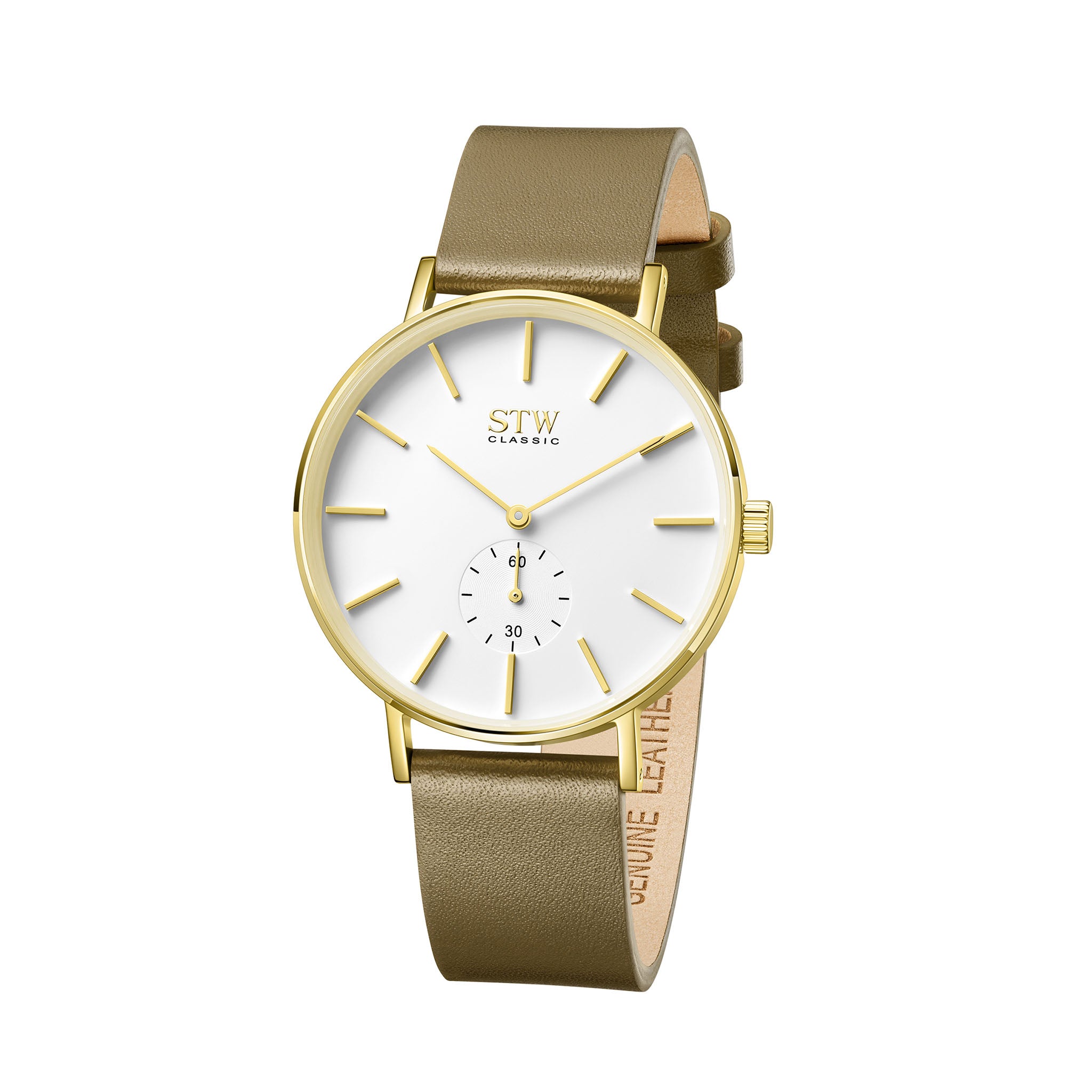 THE CLASSIC -  SHINY GOLD CASE / WHITE DIAL / OLIVE LEATHER STRAP