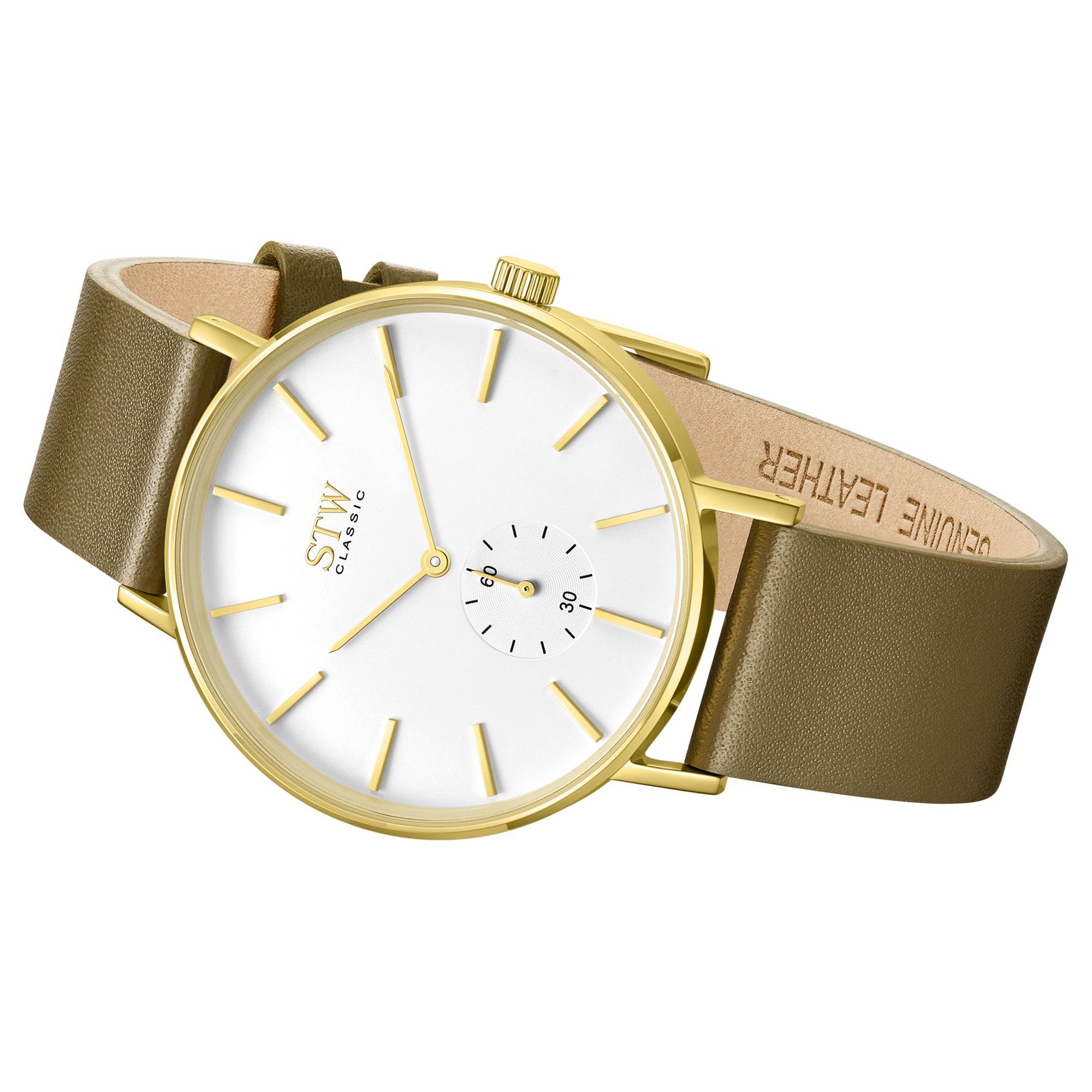 THE CLASSIC -  SHINY GOLD CASE / WHITE DIAL / OLIVE LEATHER STRAP