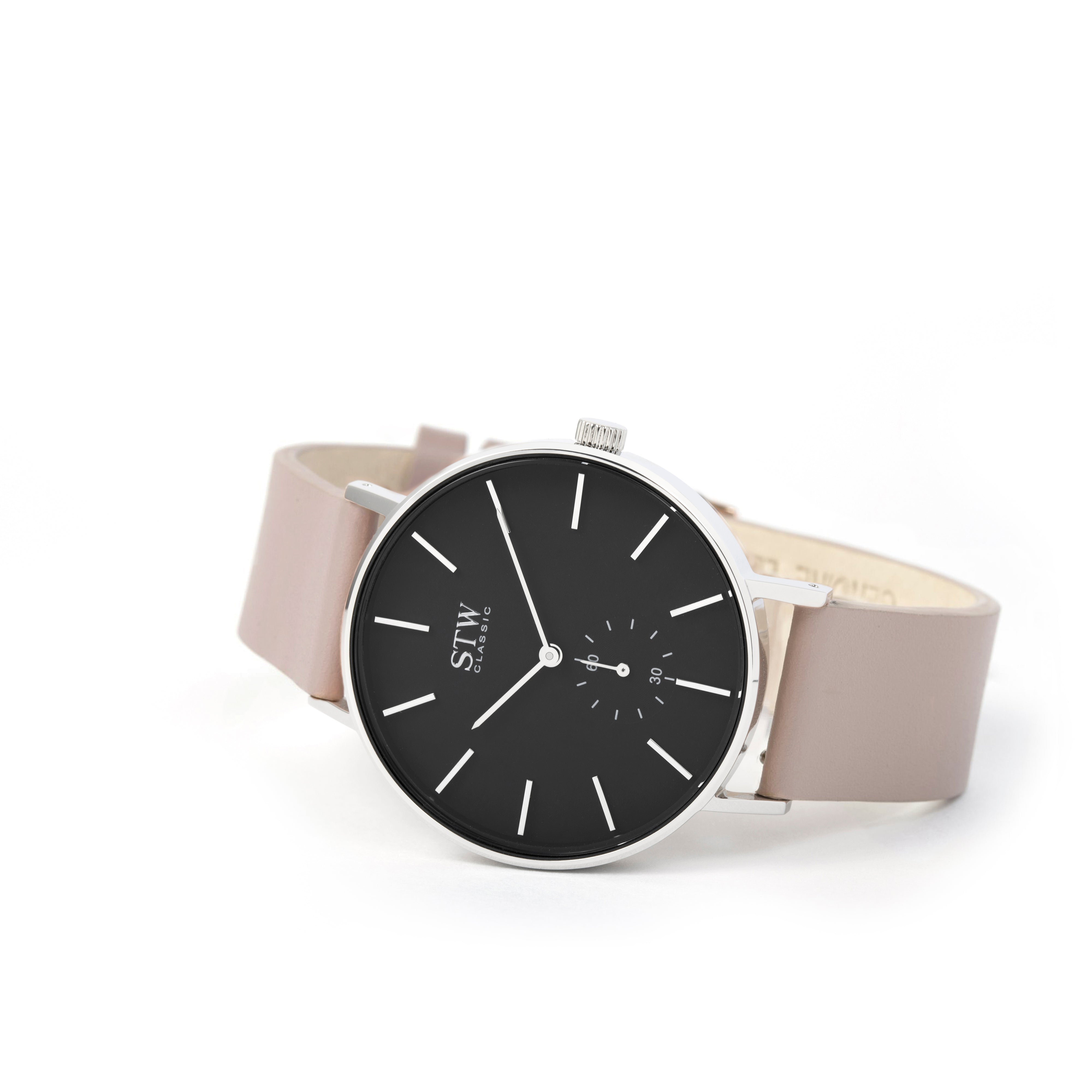 THE CLASSIC -  BLACK DIAL WITH PINK LEATHER STRAP WATCH