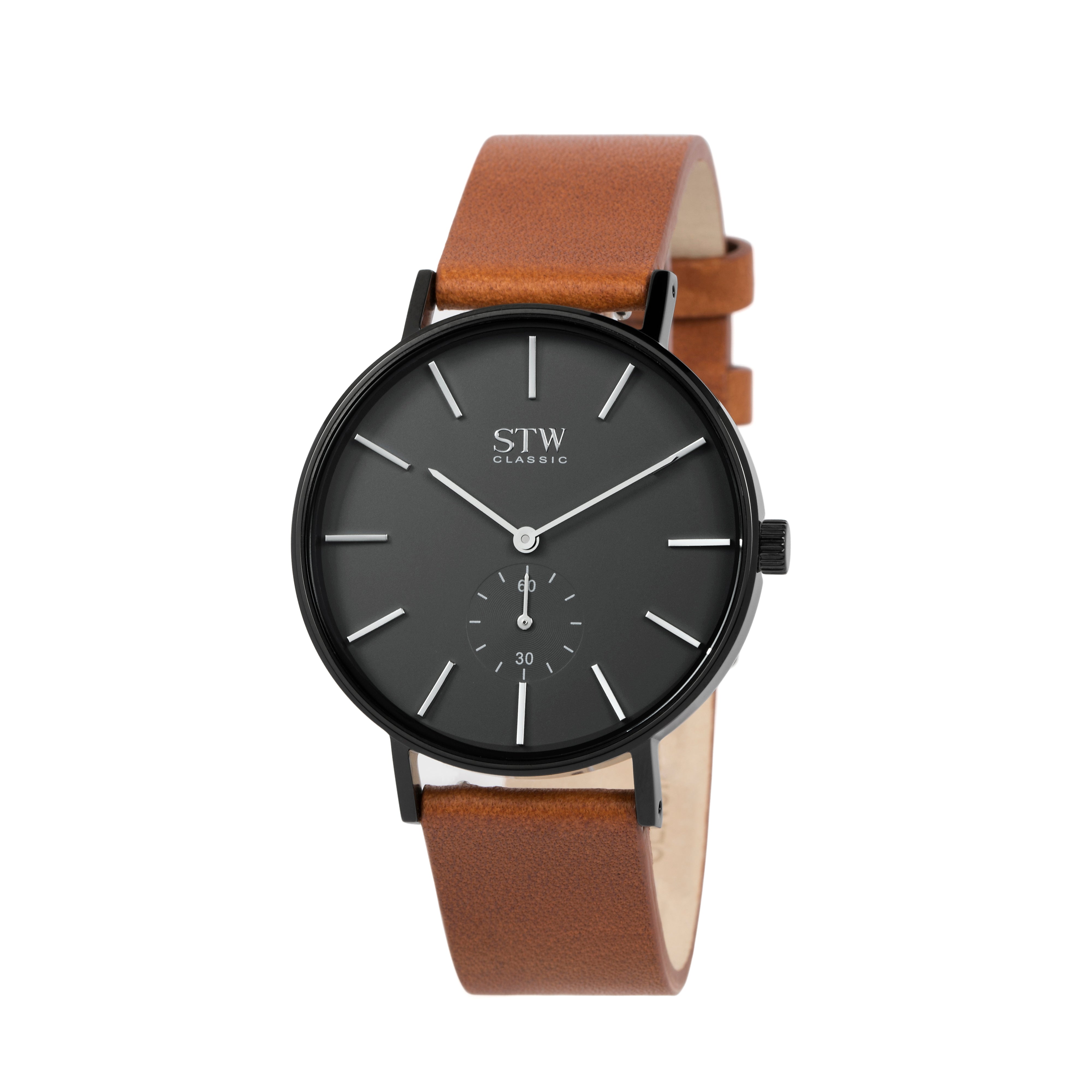 THE CLASSIC -  BLACK DIAL WITH RED BROWN LEATHER STRAP WATCH