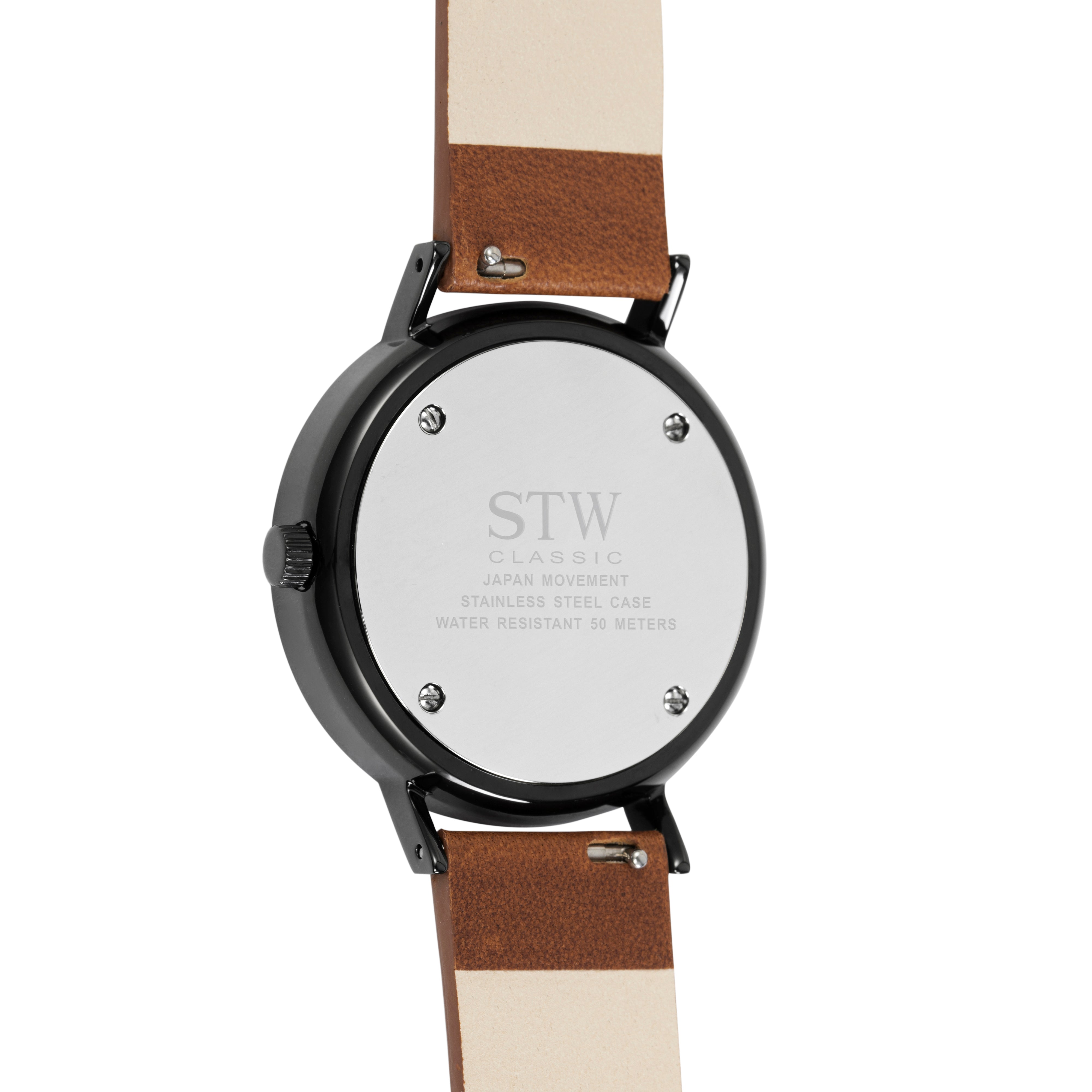 THE CLASSIC -  BLACK DIAL WITH RED BROWN LEATHER STRAP WATCH
