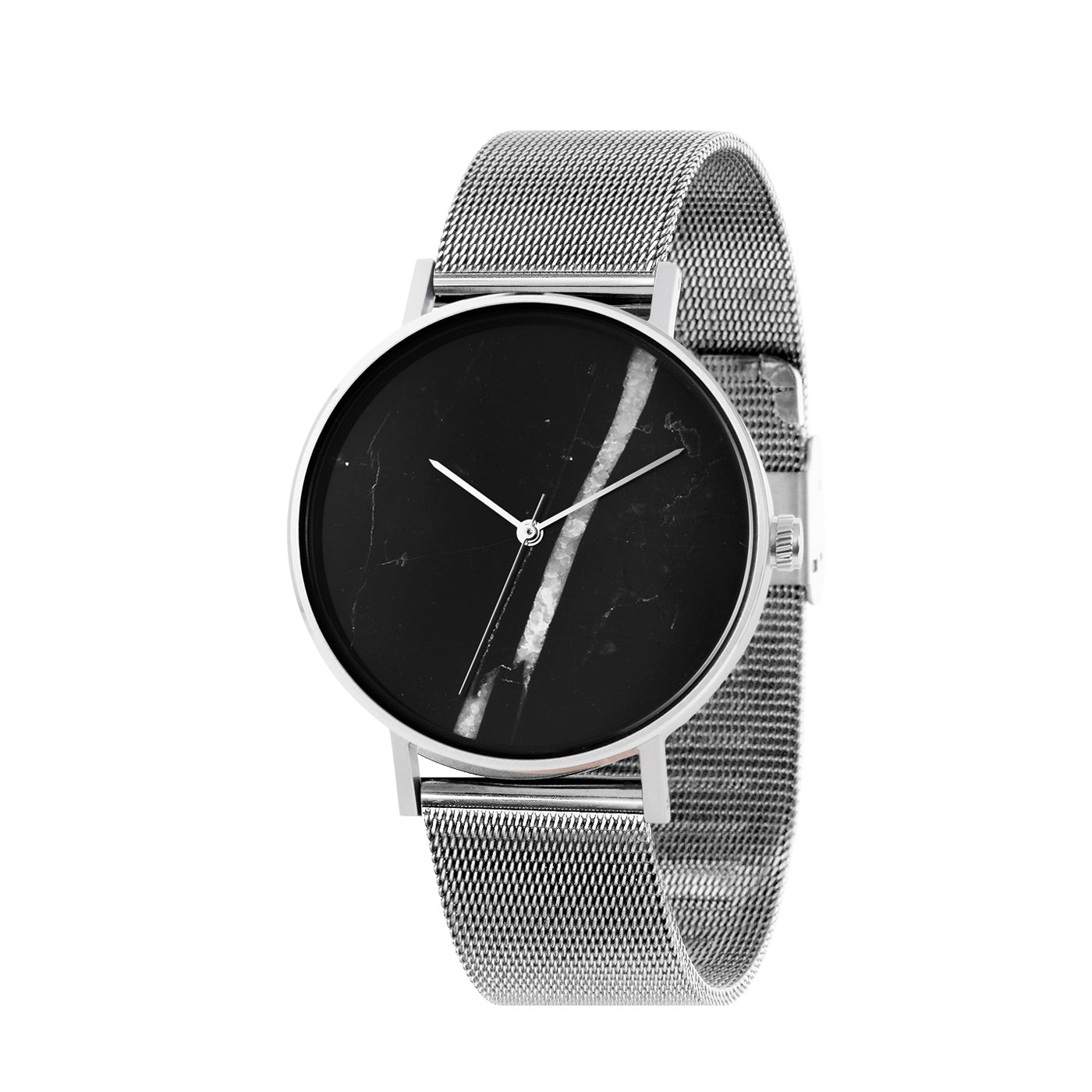 THE STONE -  BLACK ONYX DIAL / SILVER MESH BAND WATCH