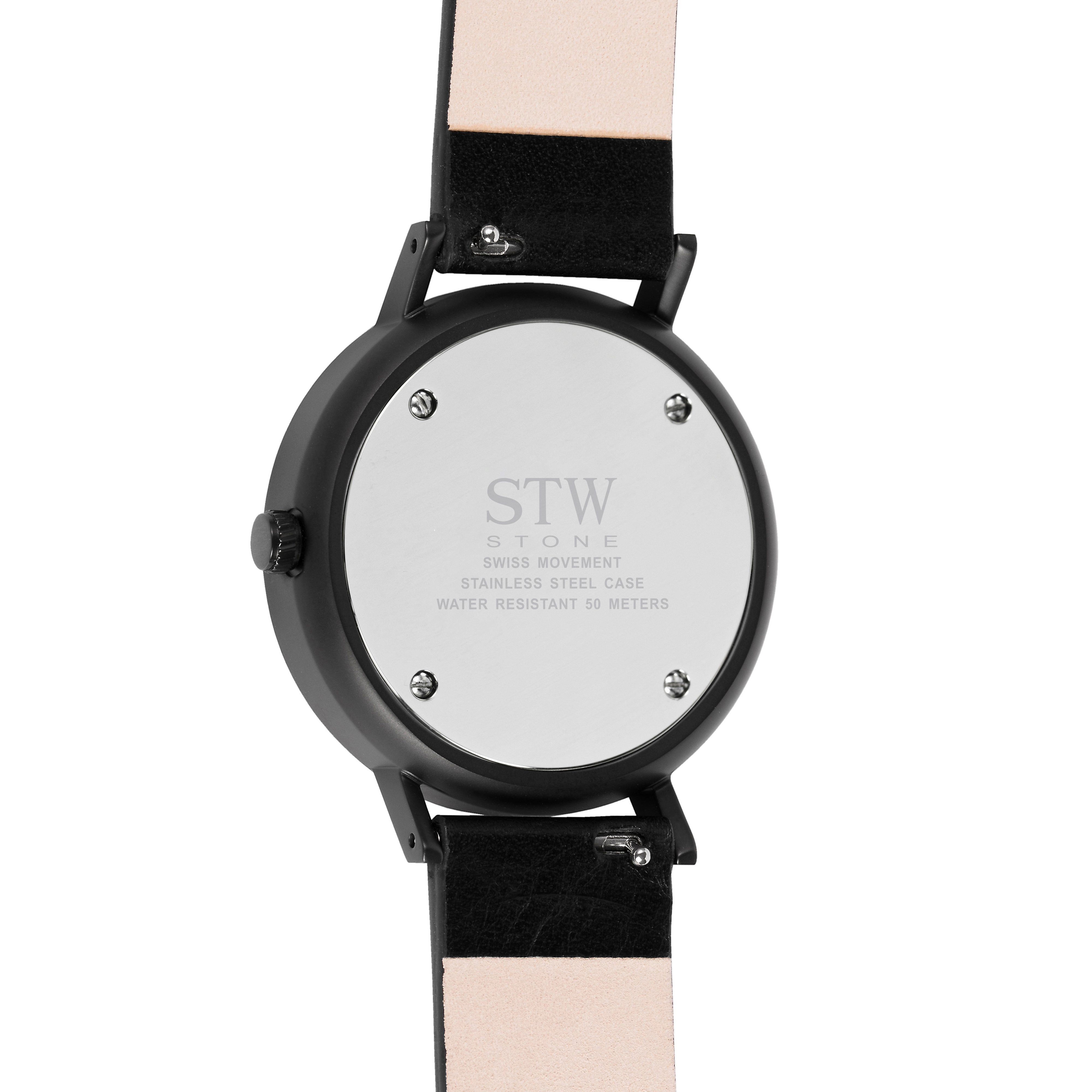 THE STONE -  WHITE MARBLE DIAL WITH BLACK LEATHER STRAP WATCH