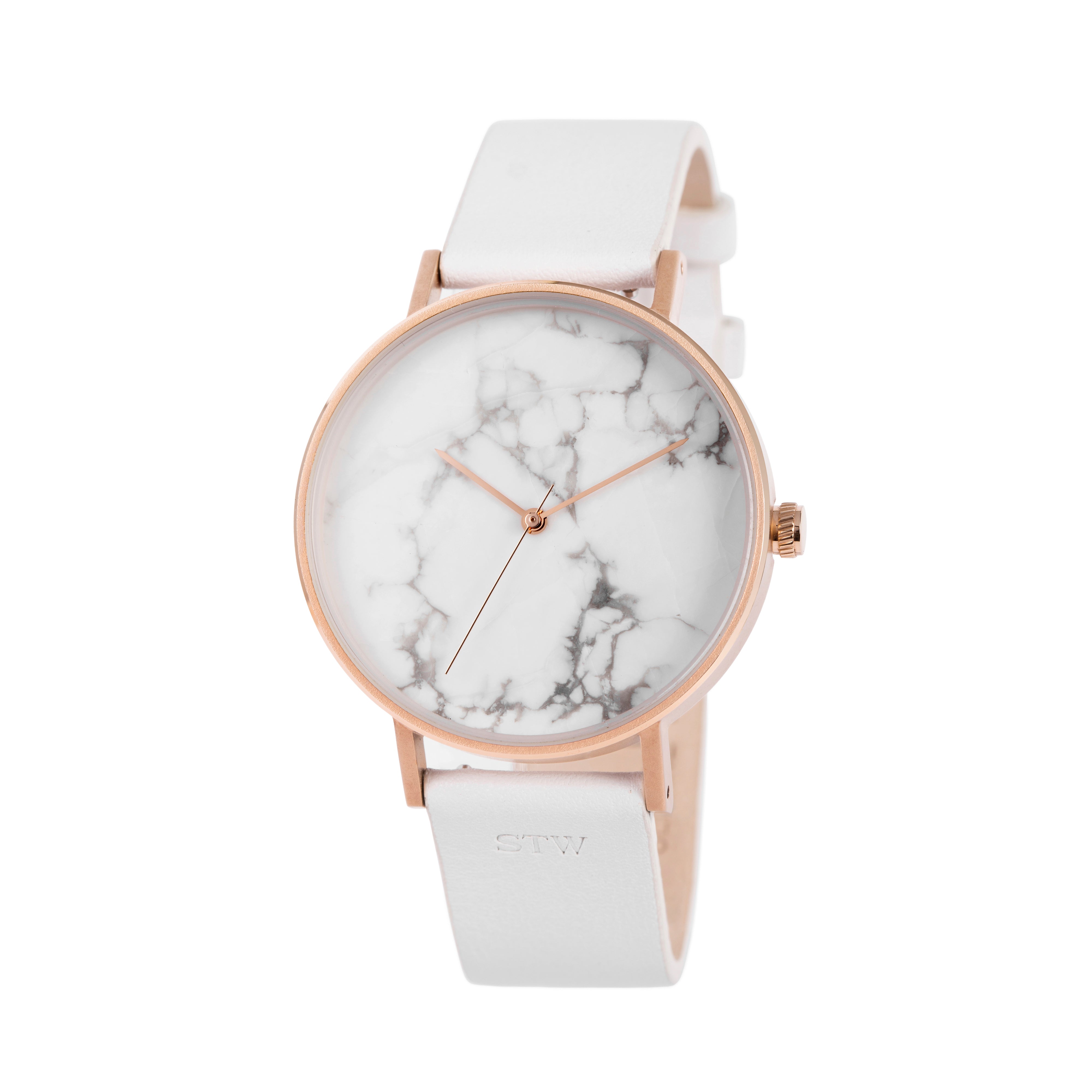 THE STONE -  WHITE MARBLE DIAL WITH WHITE LEATHER STRAP WATCH