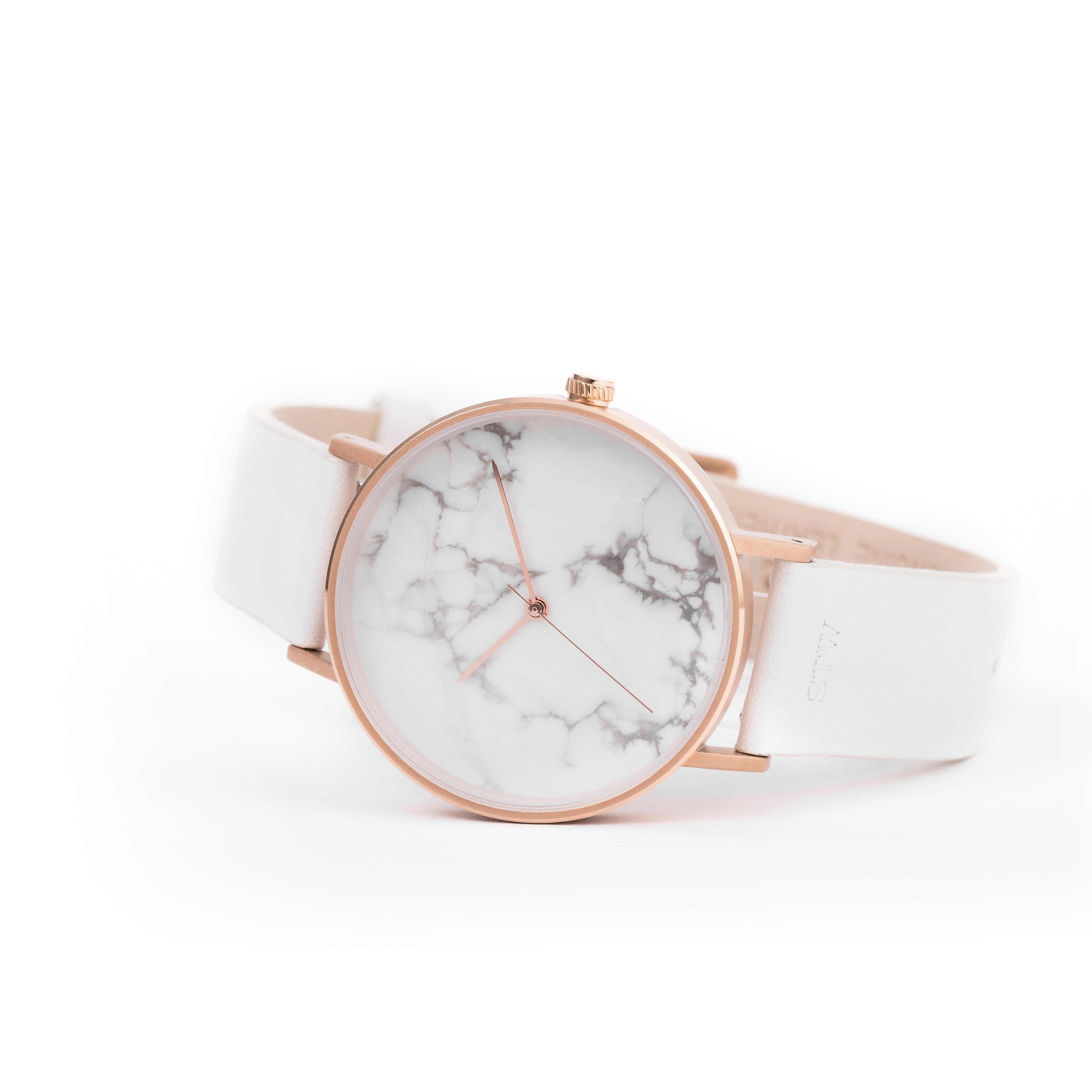 THE STONE -  WHITE MARBLE DIAL WITH WHITE LEATHER STRAP WATCH