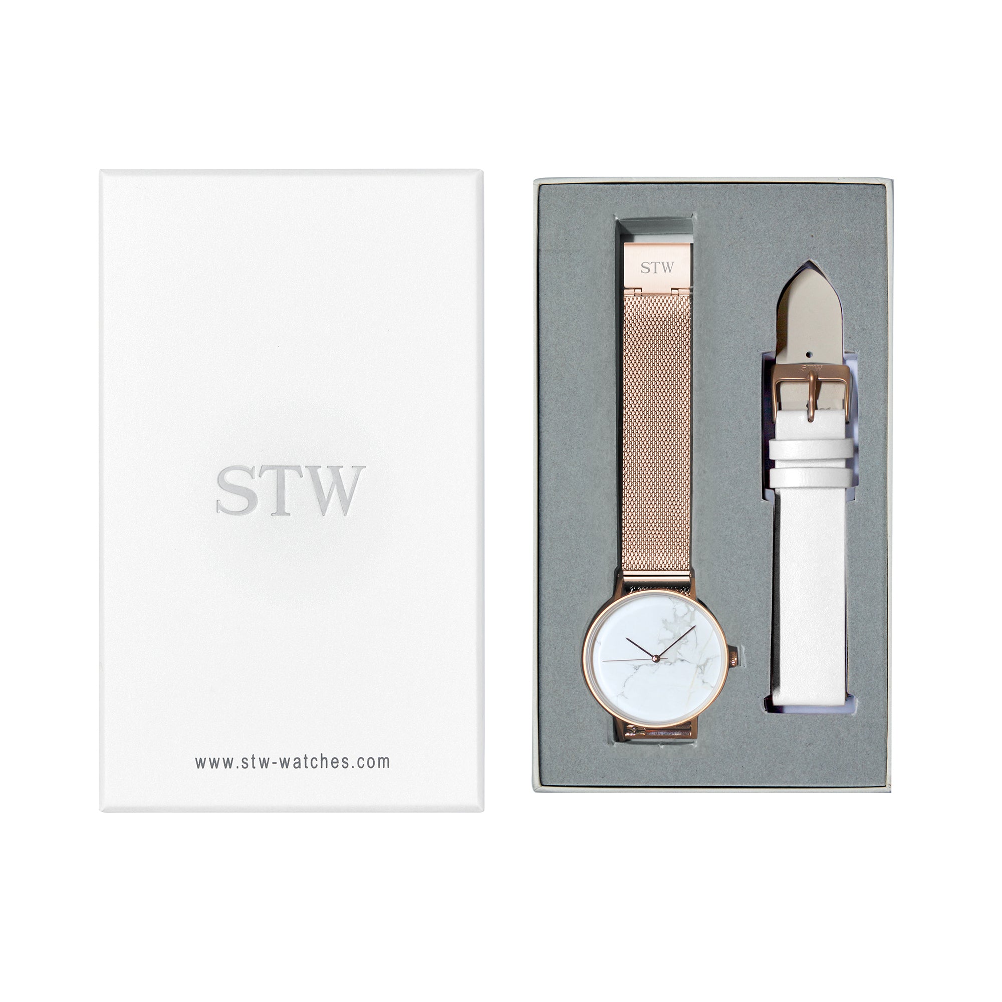 THE STONE -  WHITE MARBLE DIAL / ROSE GOLD MESH BAND WATCH
