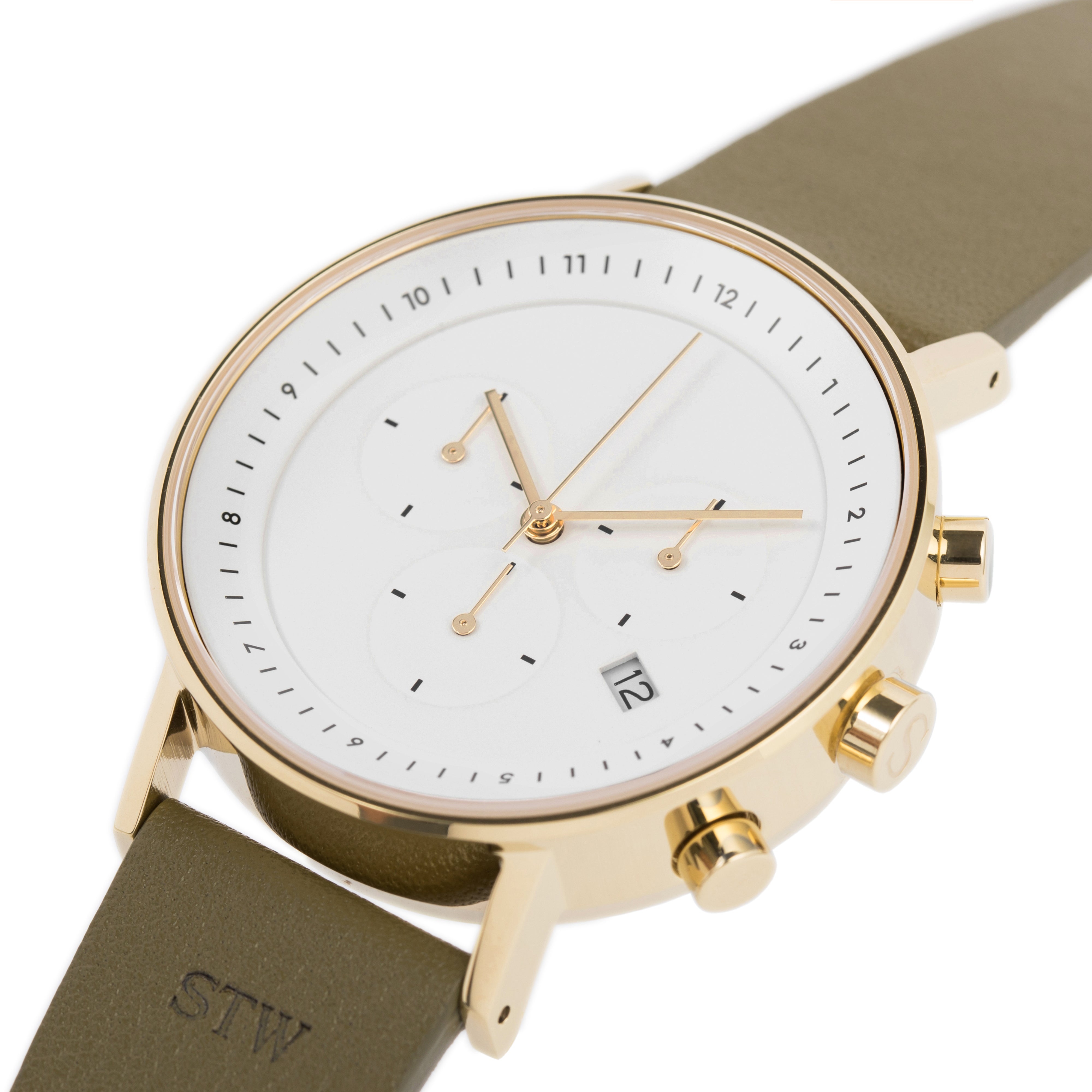 THE CHRONO -  WHITE DIAL / OLIVE LEATHER STRAP WATCH