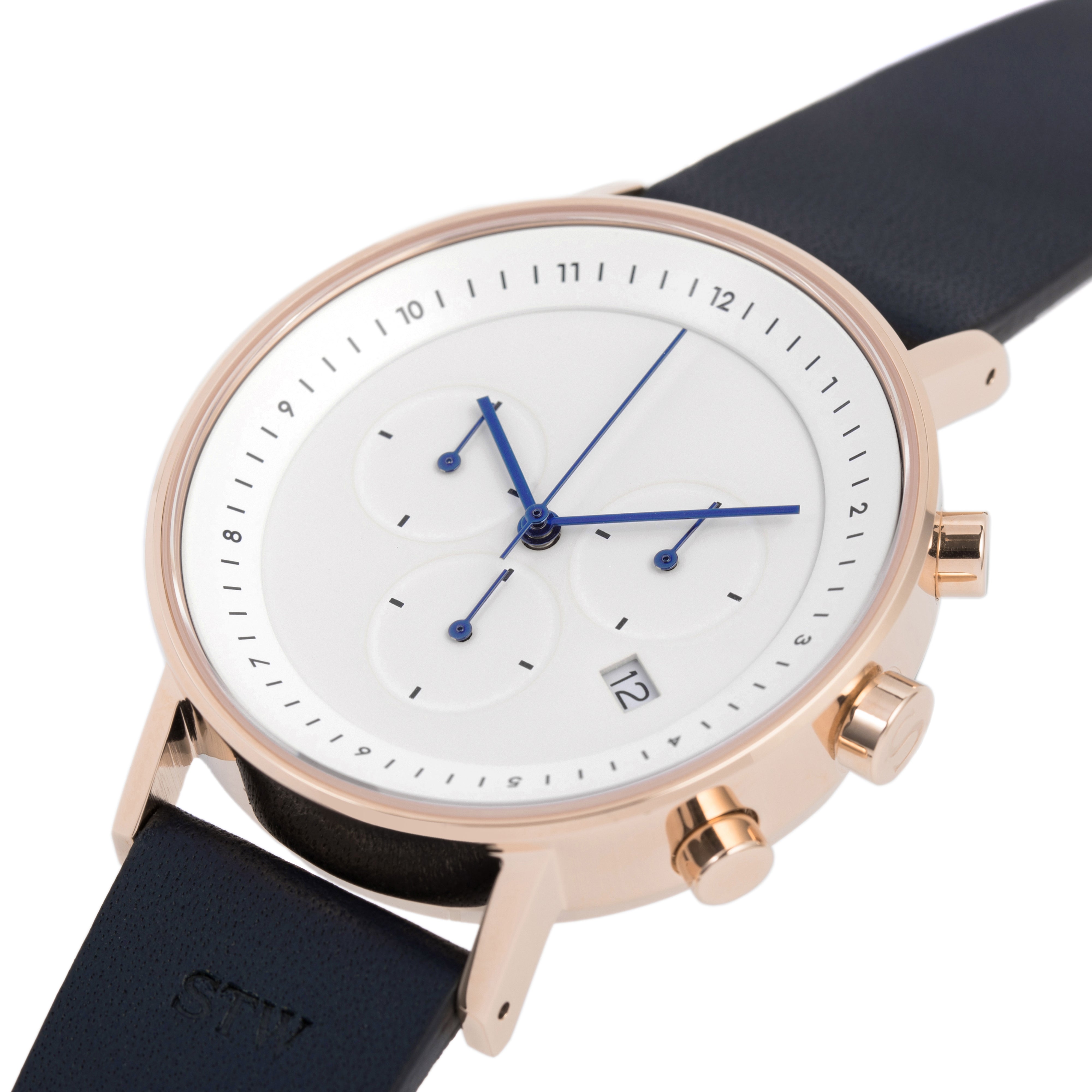 THE CHRONO -  WHITE DIAL WITH NAVY LEATHER STRAP WATCH