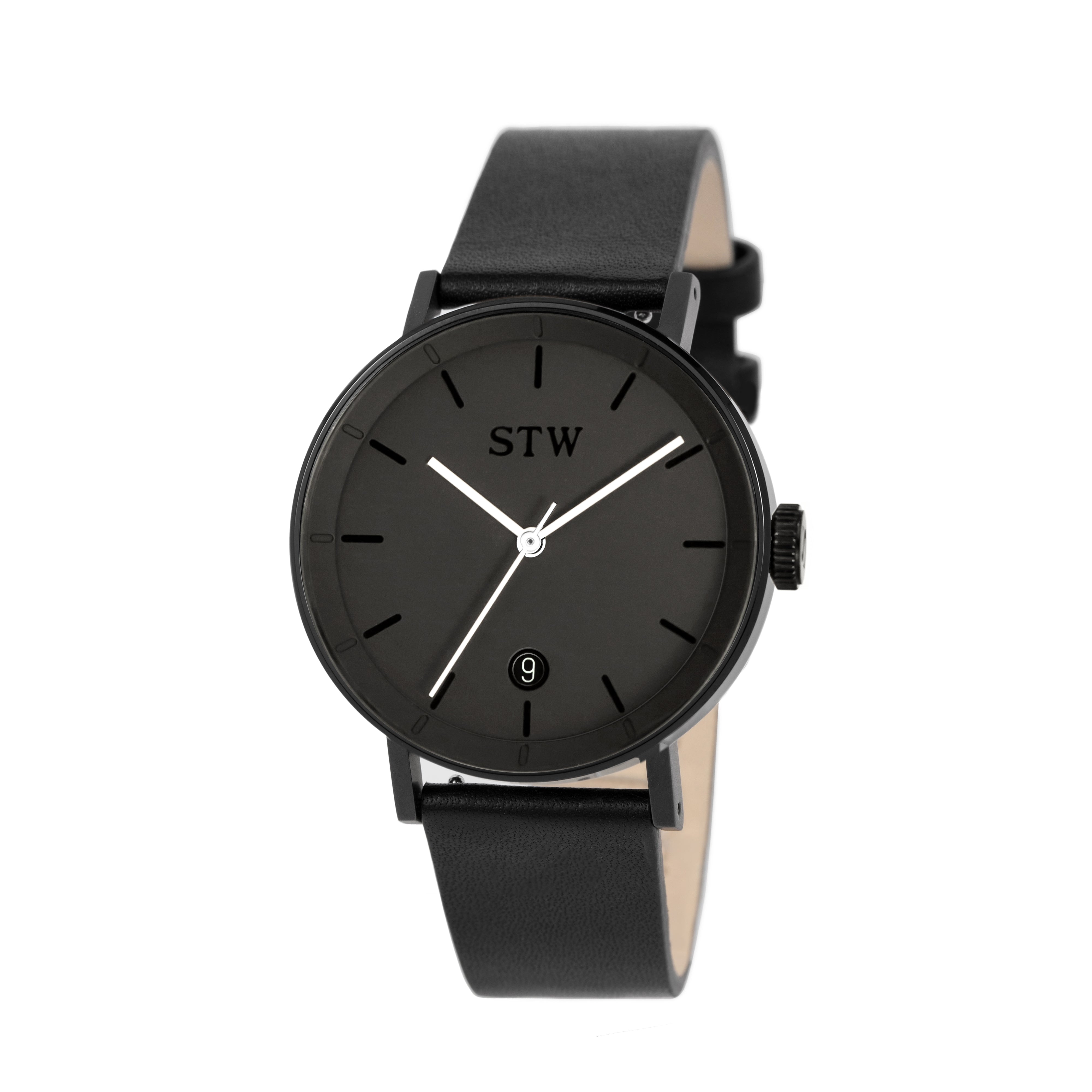 CUT OUT -  BLACK DIAL / BLACK LEATHER STRAP WATCH