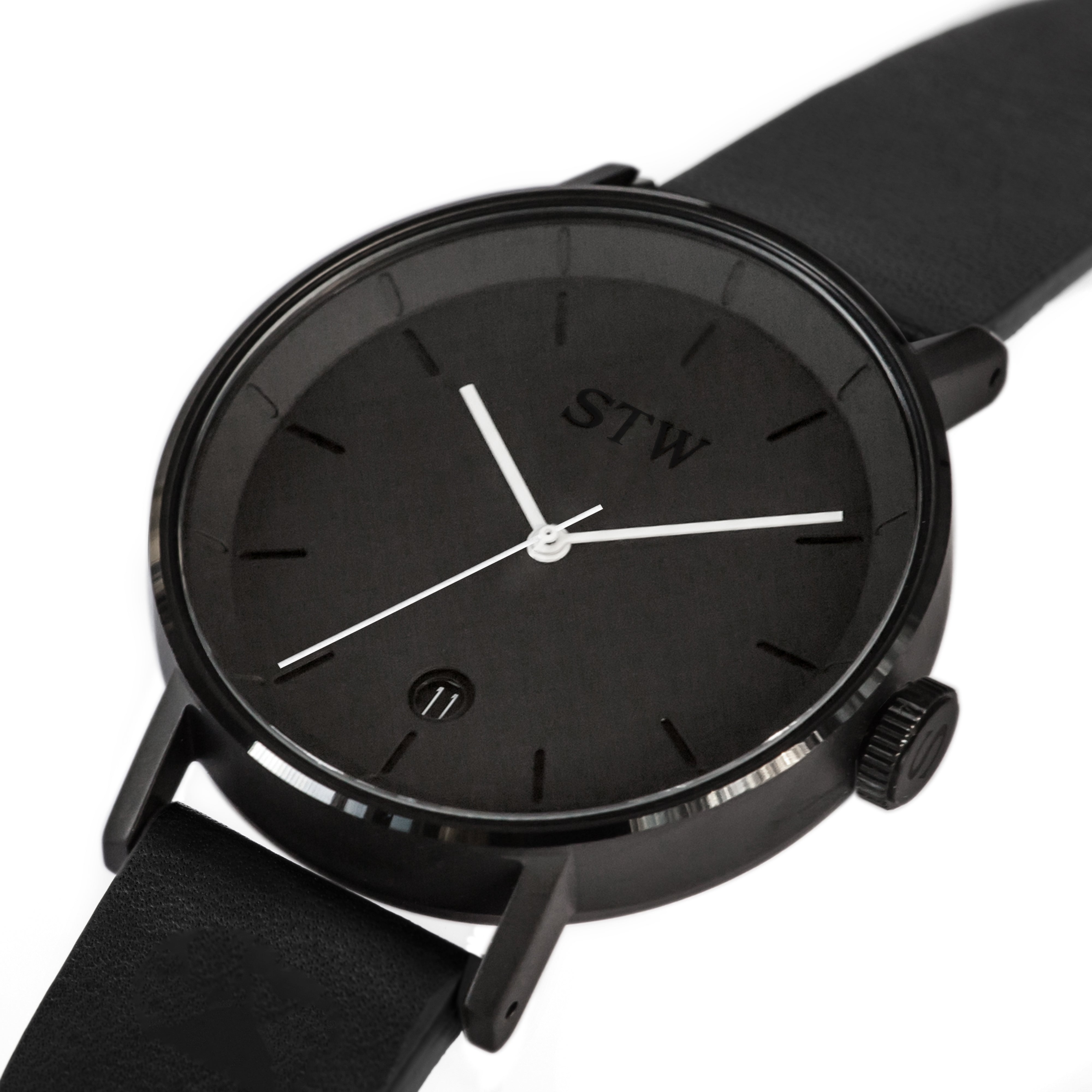 CUT OUT -  BLACK DIAL / BLACK LEATHER STRAP WATCH