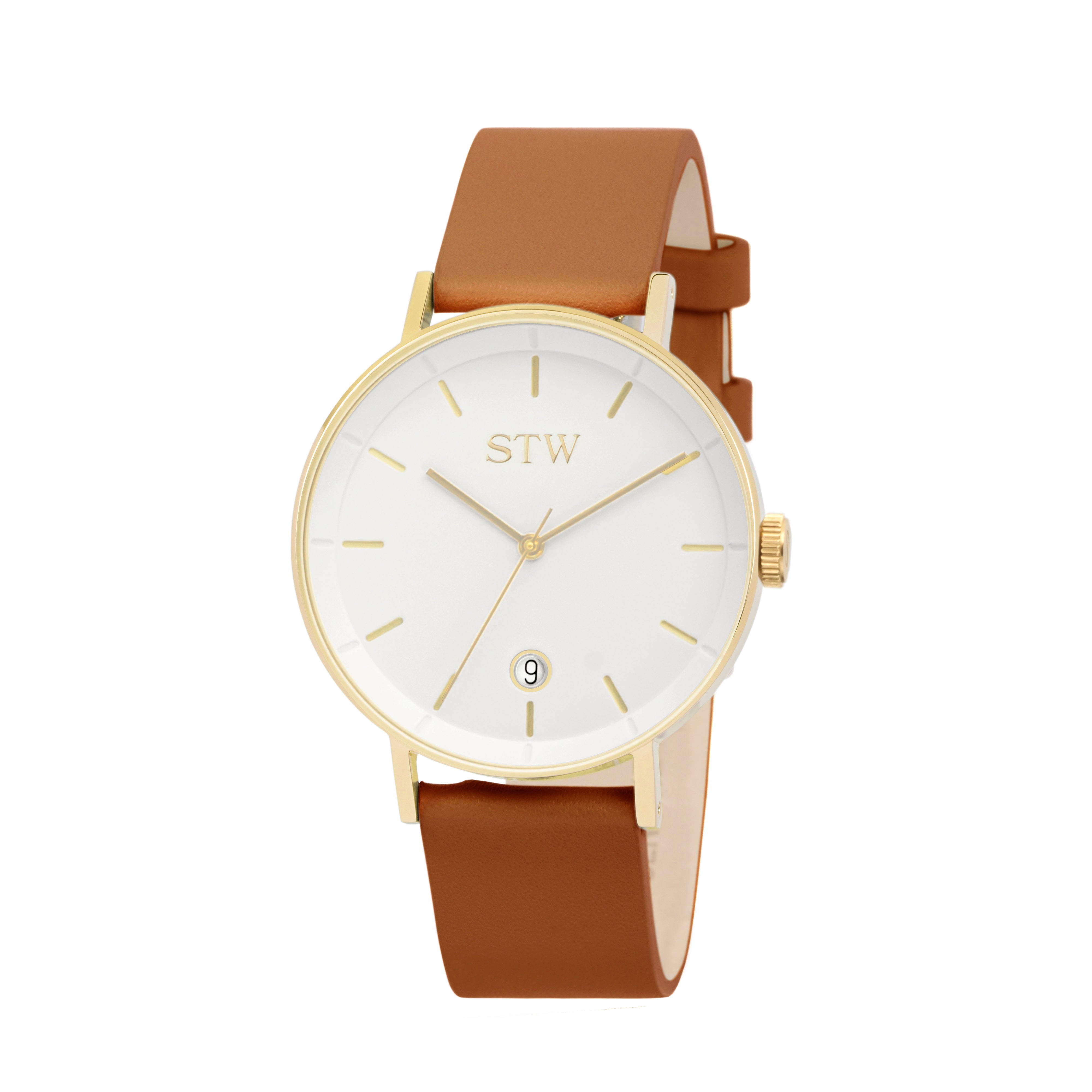 CUT OUT -  WHITE DIAL / RED BROWN LEATHER STRAP WATCH