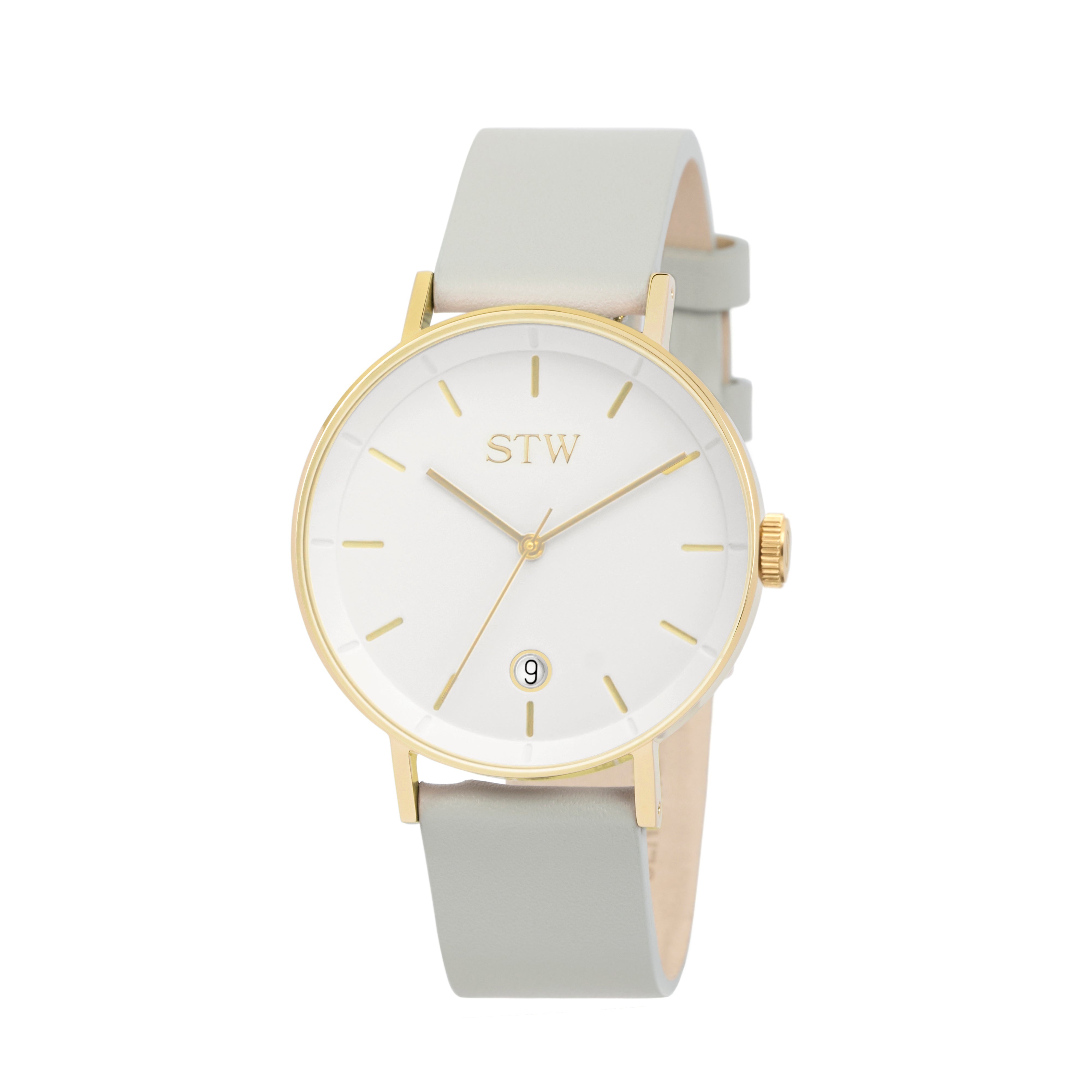 CUT OUT -  WHITE DIAL / GREY LEATHER STRAP WATCH